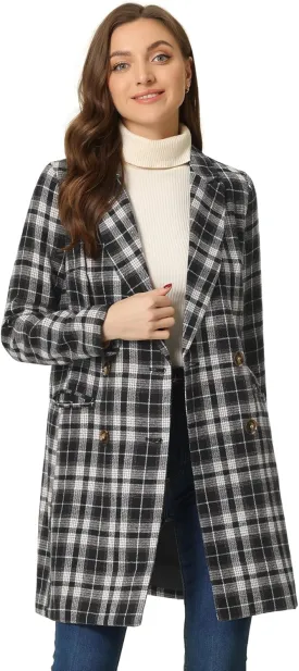 Allegra K Women's Double Breasted Notched Lapel Plaid Trench Blazer Coat