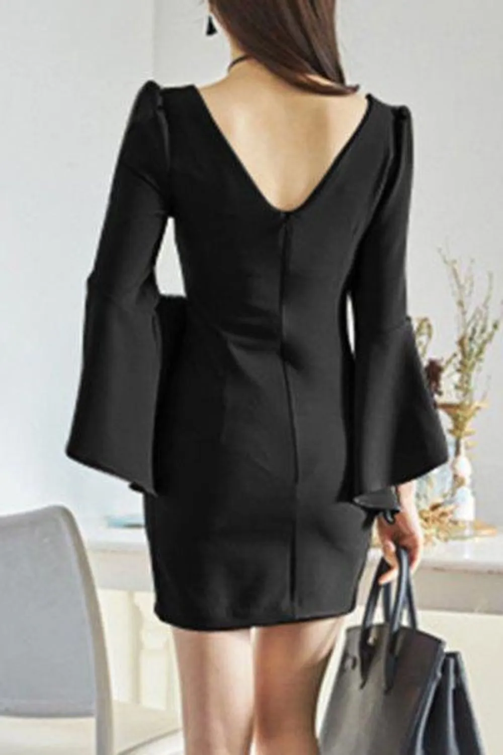 Black V Neckline Flare Sleeve Dress