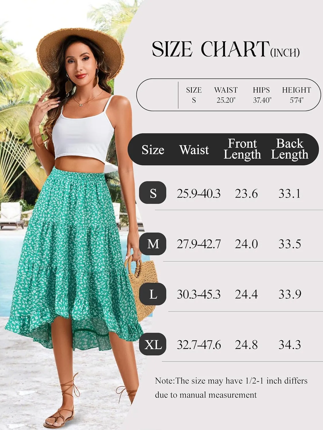 Boho Midi Skirt for Women Floral Long Summer Beach Skirts Elastic High Waist Casual Flowy Skirt High Low Hem
