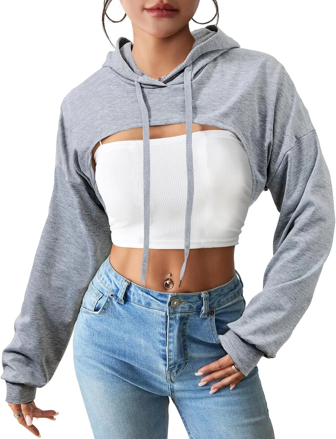 Century Star Womens Long Sleeve Super Cropped Hoodie Pullover Crop Sweatshirts Sexy Workout Gym Drawstring Top