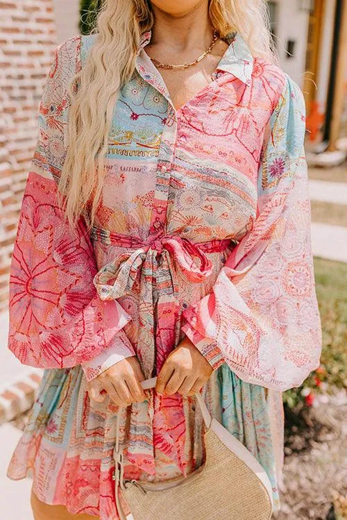 Chic Pink Patchwork Print Plus Size Dress