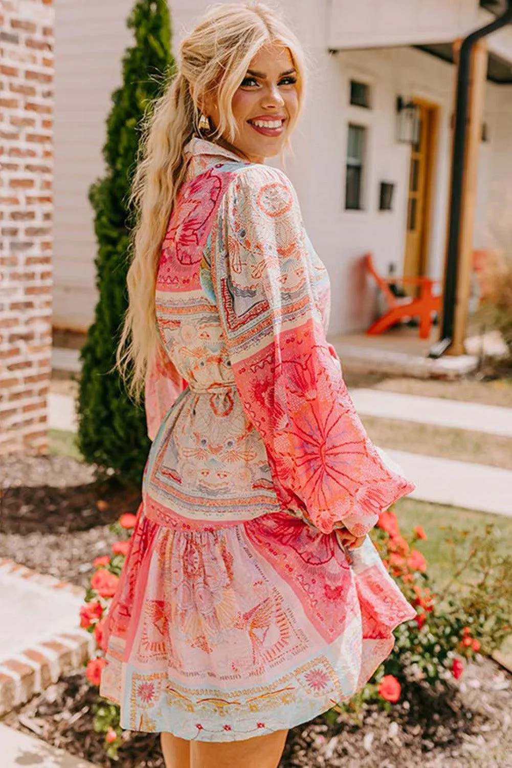 Chic Pink Patchwork Print Plus Size Dress