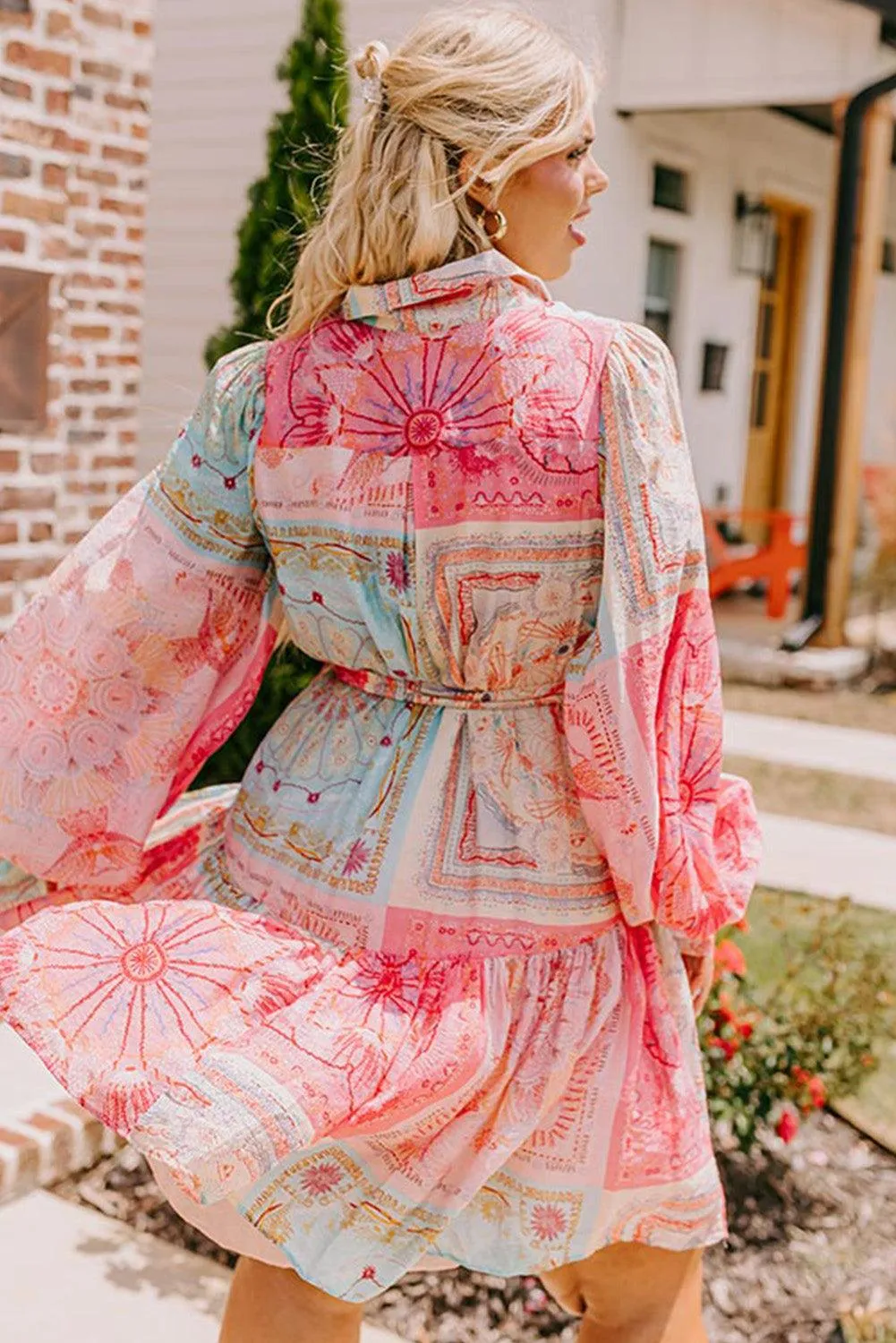 Chic Pink Patchwork Print Plus Size Dress