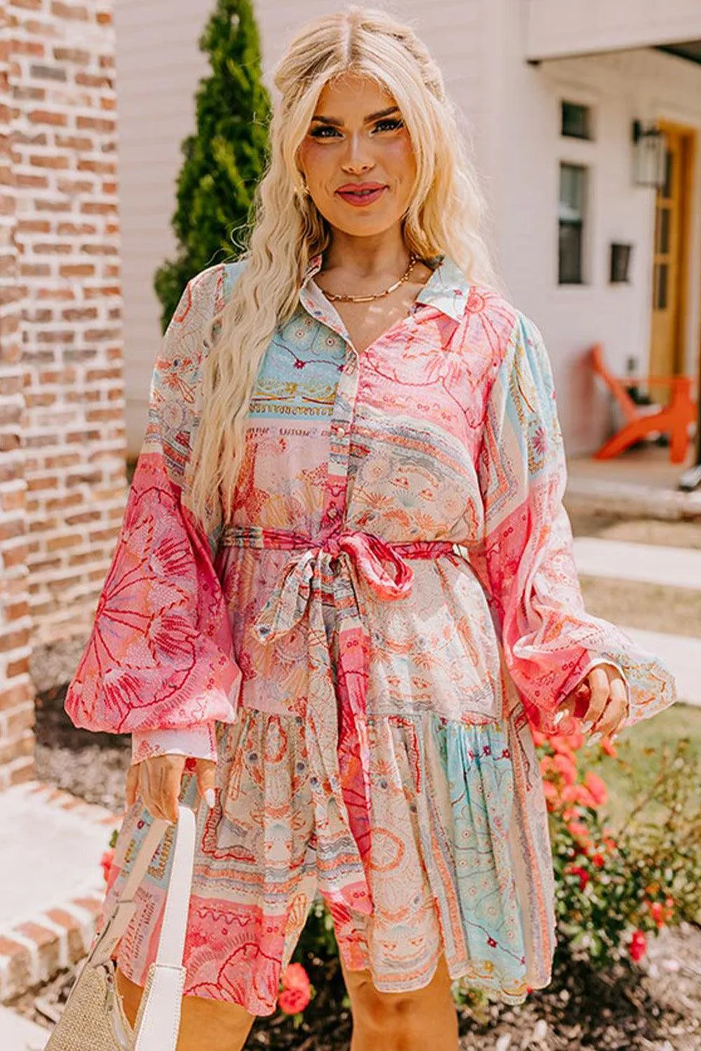 Chic Pink Patchwork Print Plus Size Dress