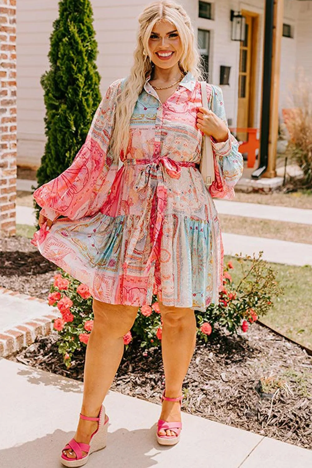 Chic Pink Patchwork Print Plus Size Dress