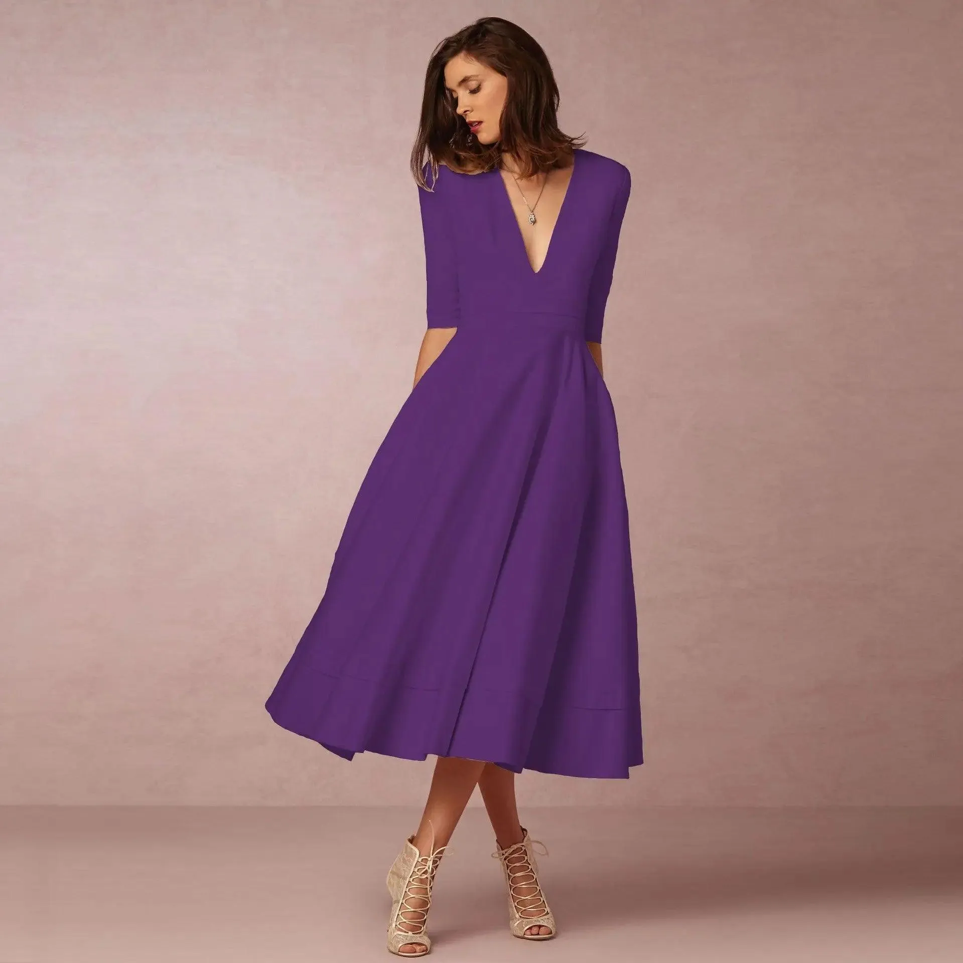 Chic V Neck Swing Dress