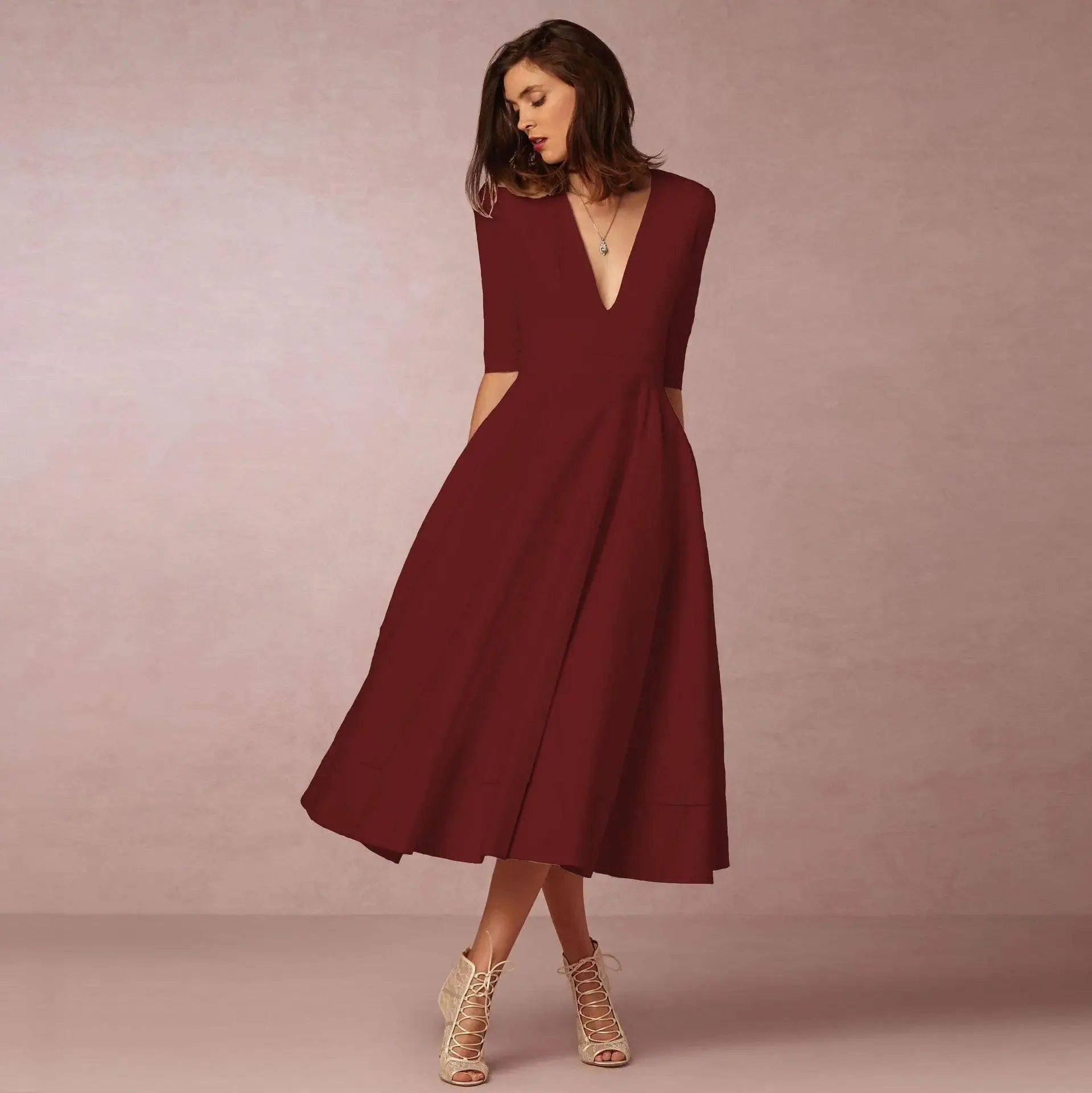 Chic V Neck Swing Dress