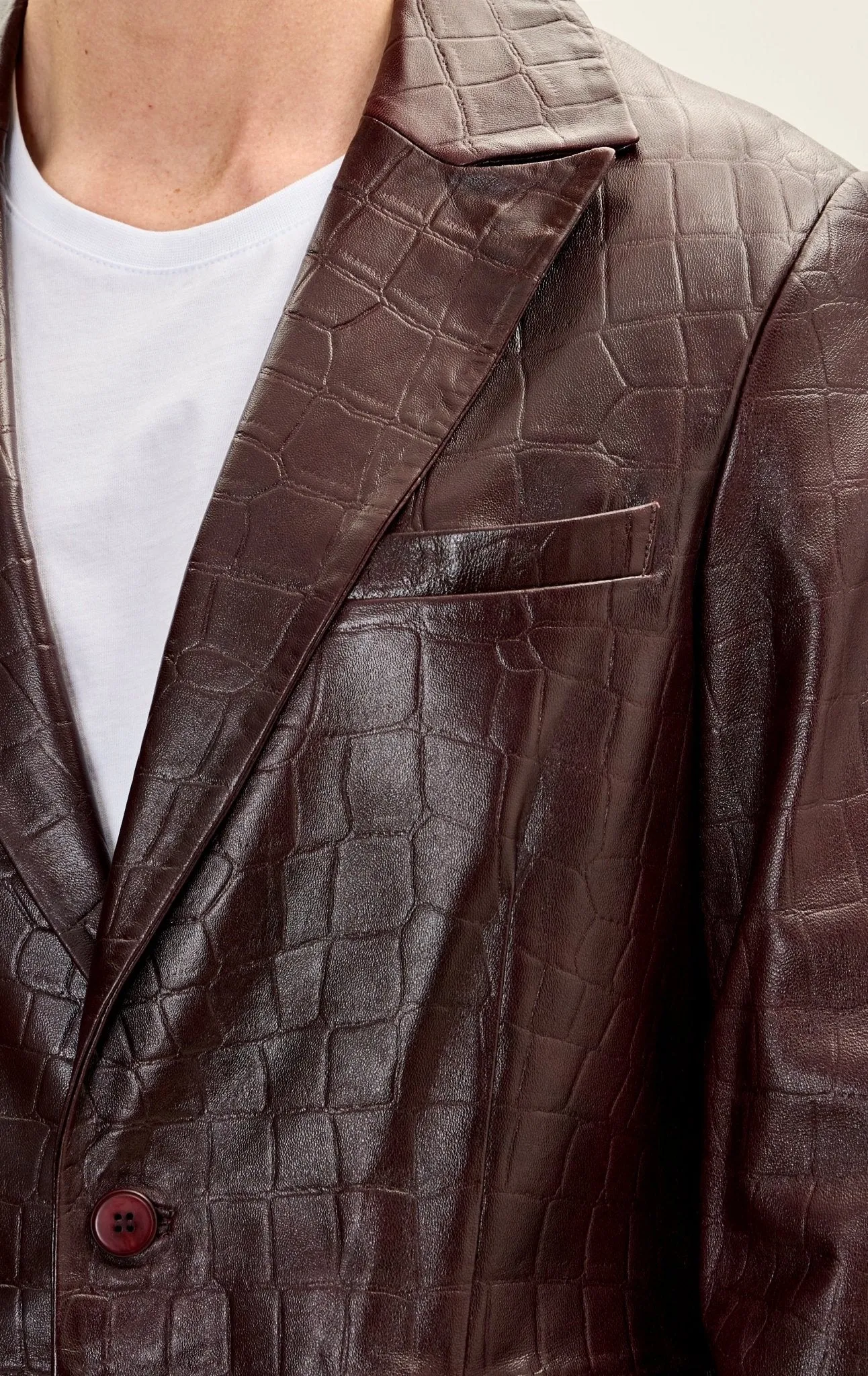 Classic Peak Lapel Leather Blazer - Burgundy Embossed