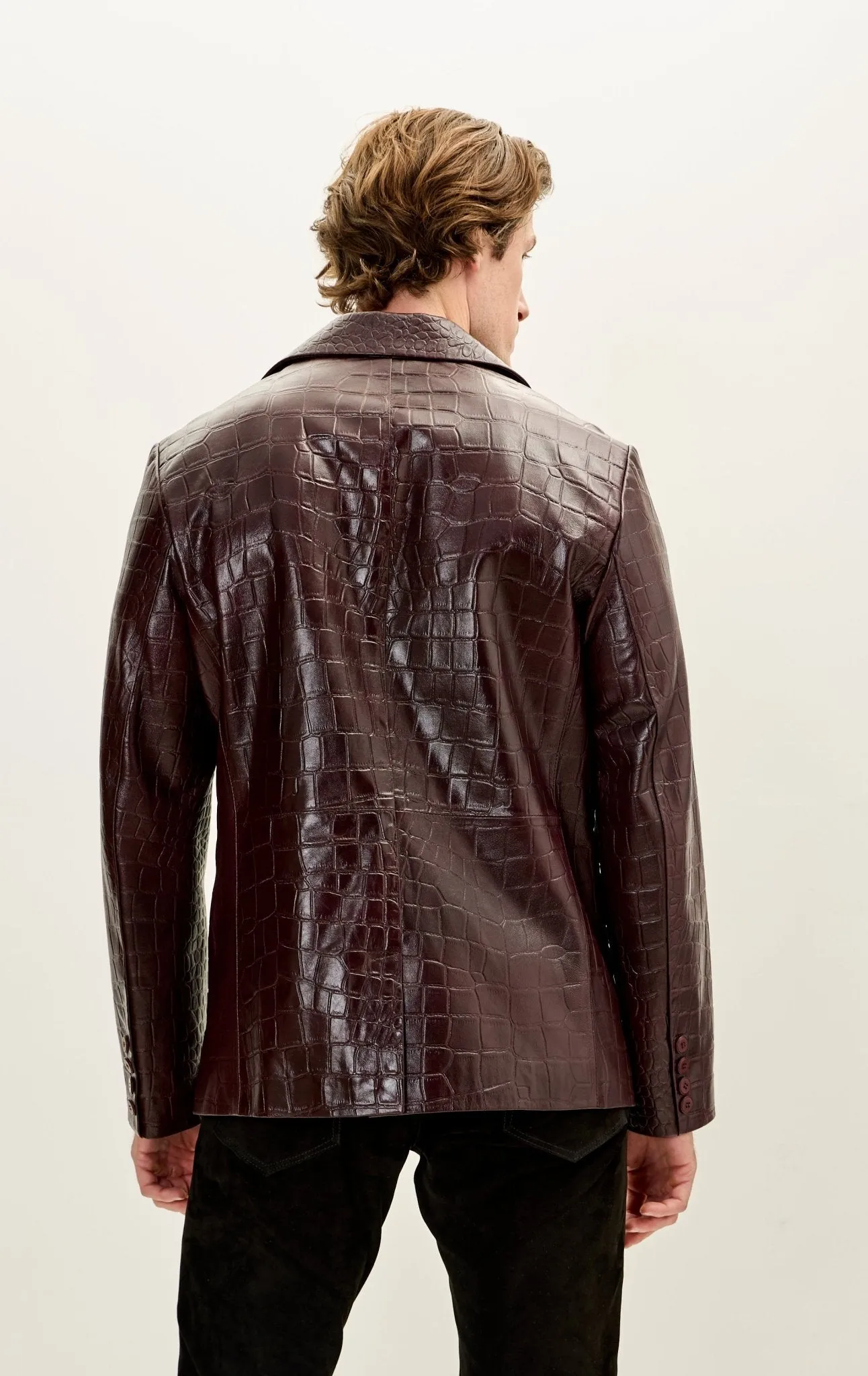 Classic Peak Lapel Leather Blazer - Burgundy Embossed
