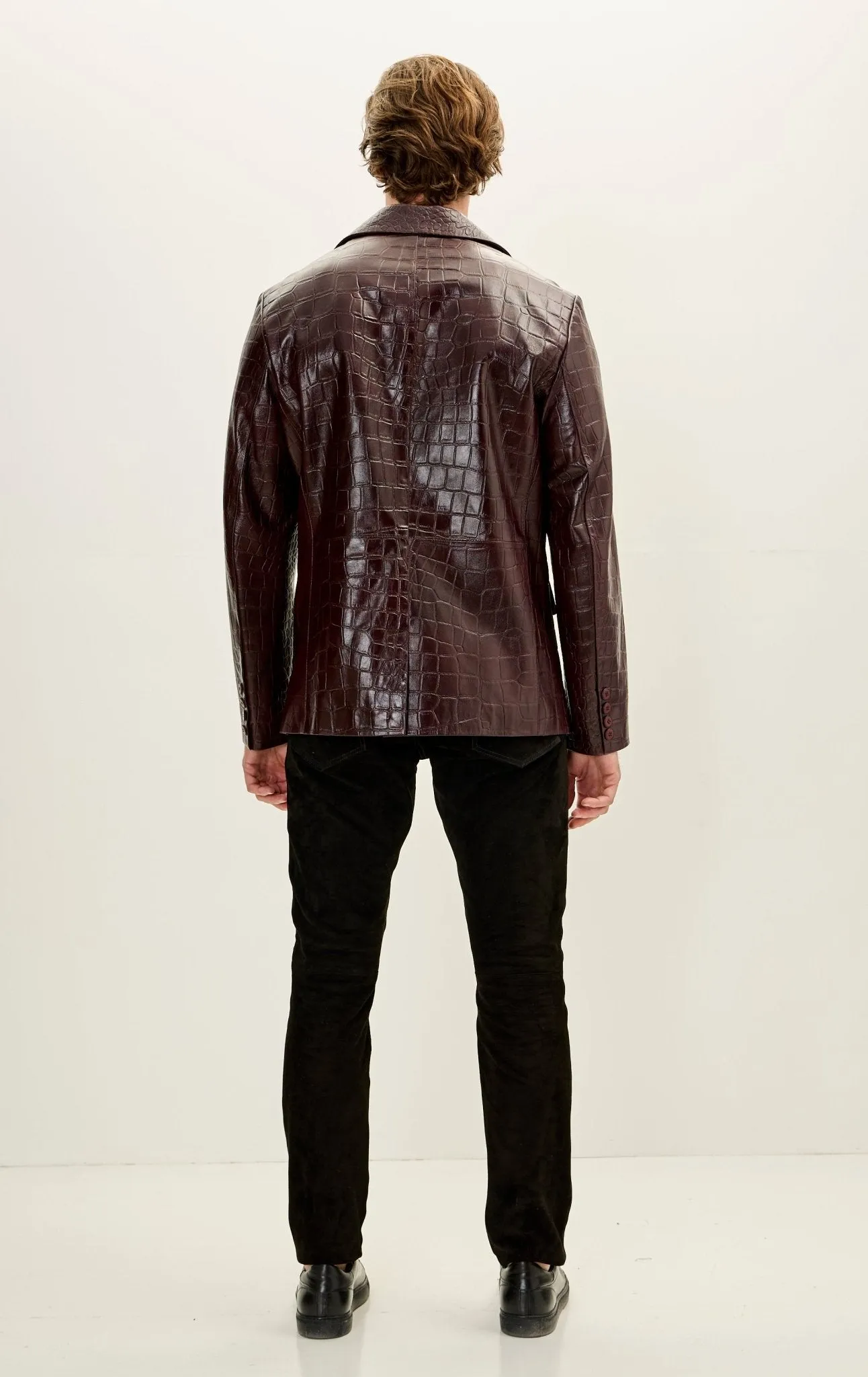 Classic Peak Lapel Leather Blazer - Burgundy Embossed