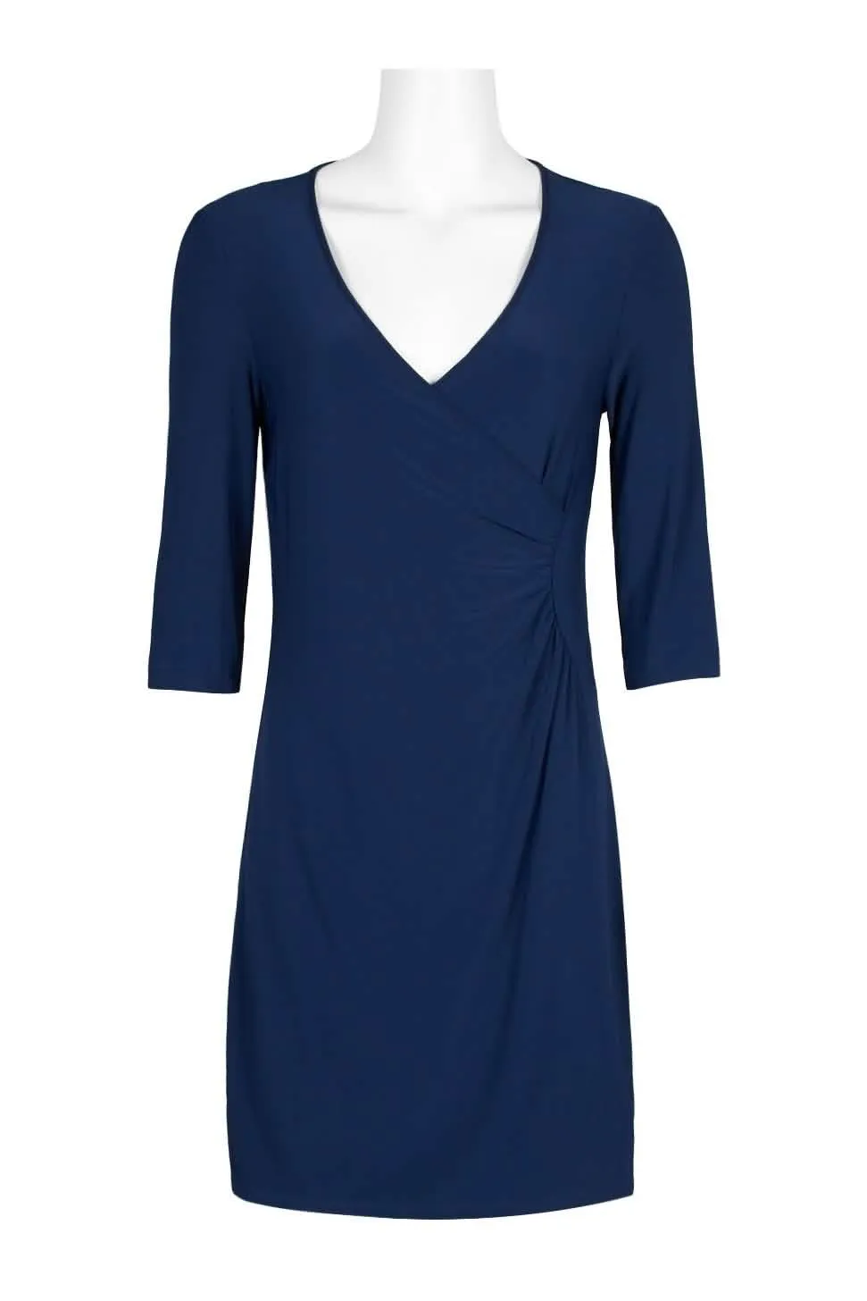 Elegant V-Neck Jersey Dress with 3/4 Sleeves and Flattering Gathered Sides