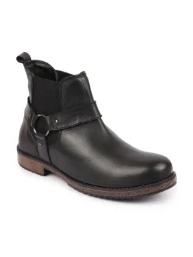 Men Black High Ankle Genuine Leather Side Ring Buckle Design Slip On Chelsea Work Boots