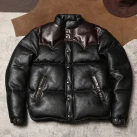 Men's Vintage Leather Down Bread Jacket: Warm Cowhide & Duck Down Outerwear