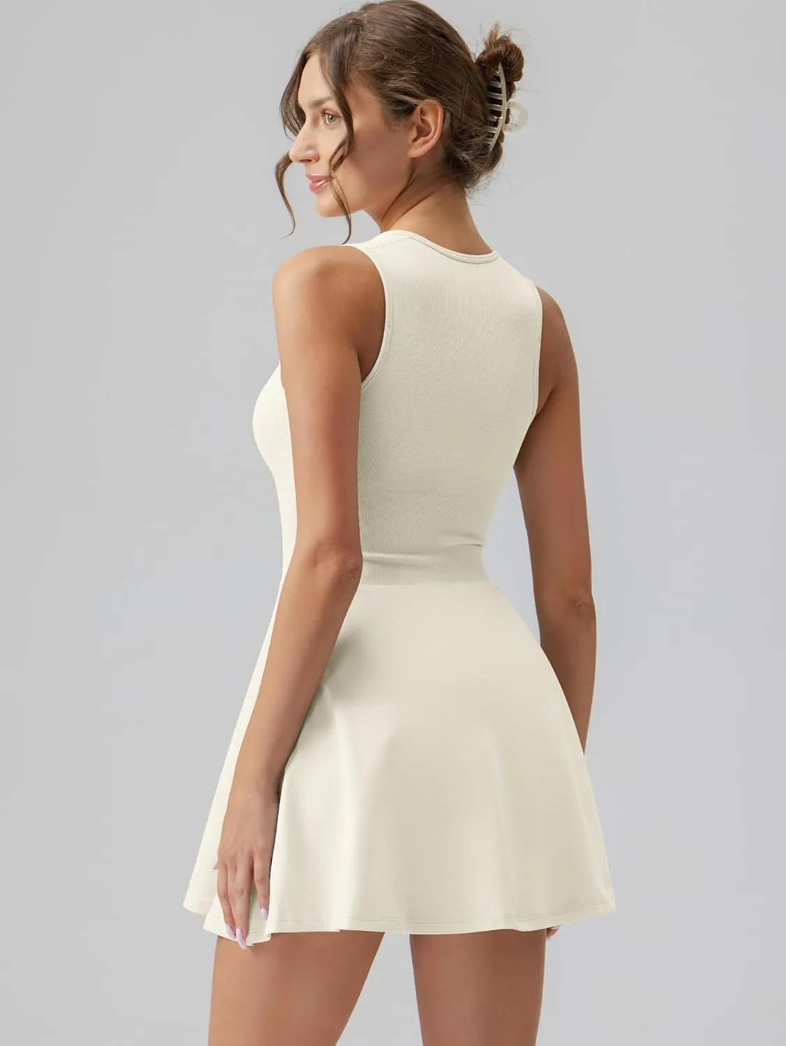 OQQ Women's Square Neck A-line Dress Sleeveless Tank Top Stretch Flare Mini Dresses