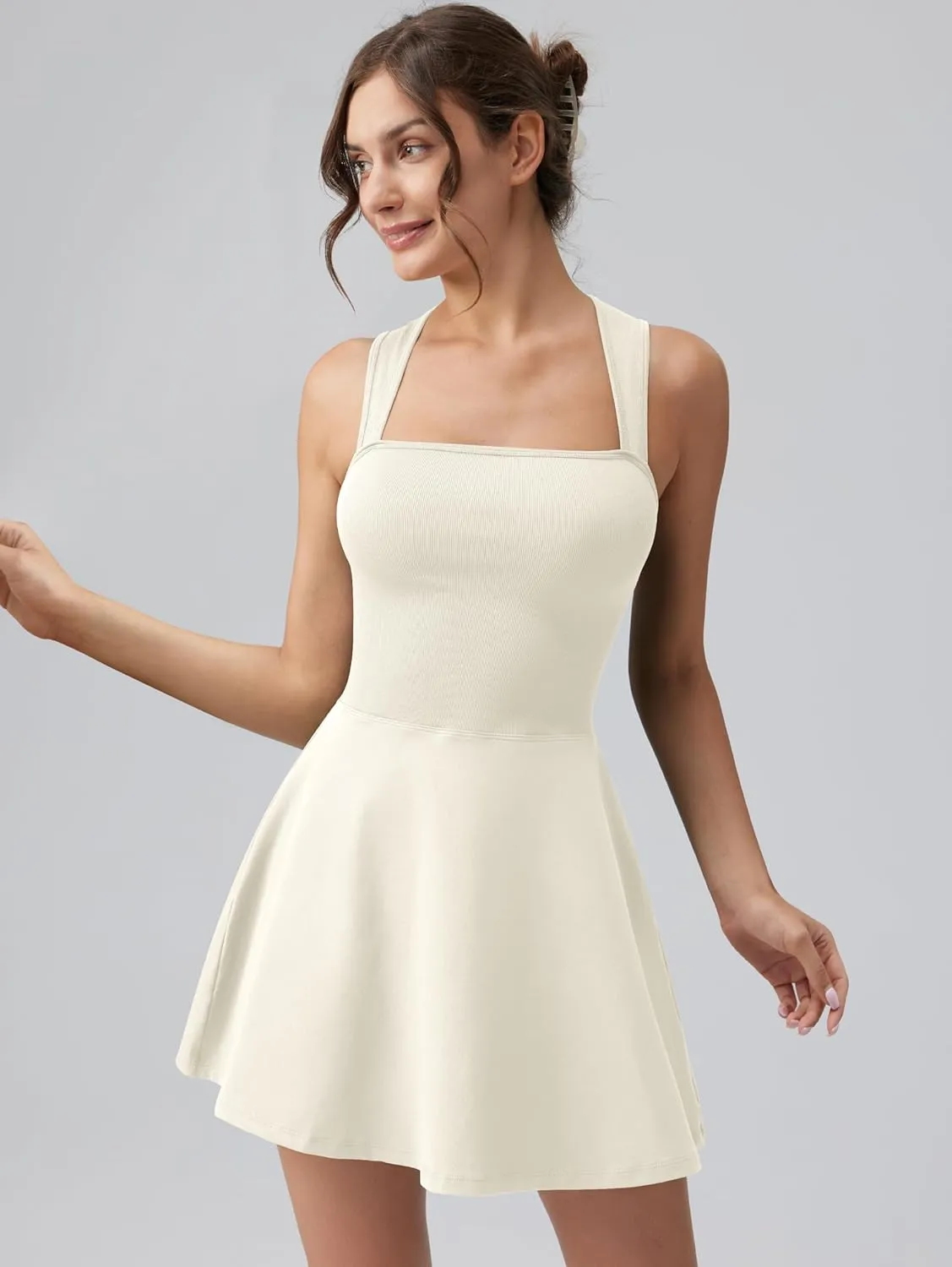 OQQ Women's Square Neck A-line Dress Sleeveless Tank Top Stretch Flare Mini Dresses