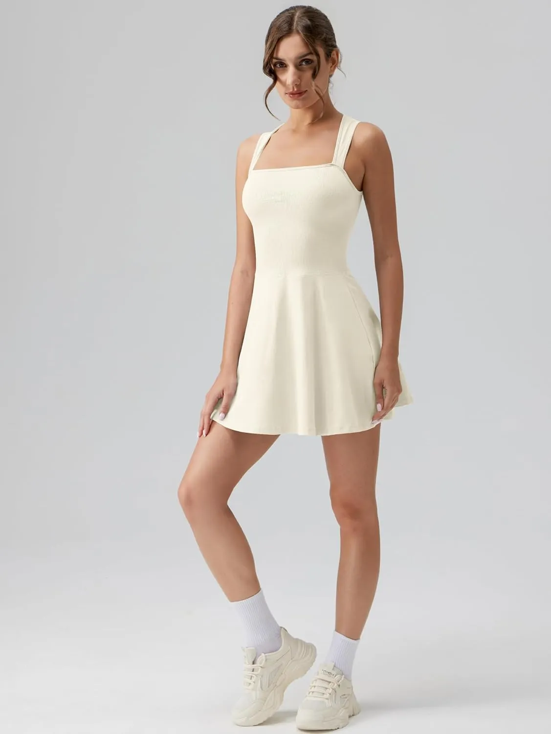 OQQ Women's Square Neck A-line Dress Sleeveless Tank Top Stretch Flare Mini Dresses