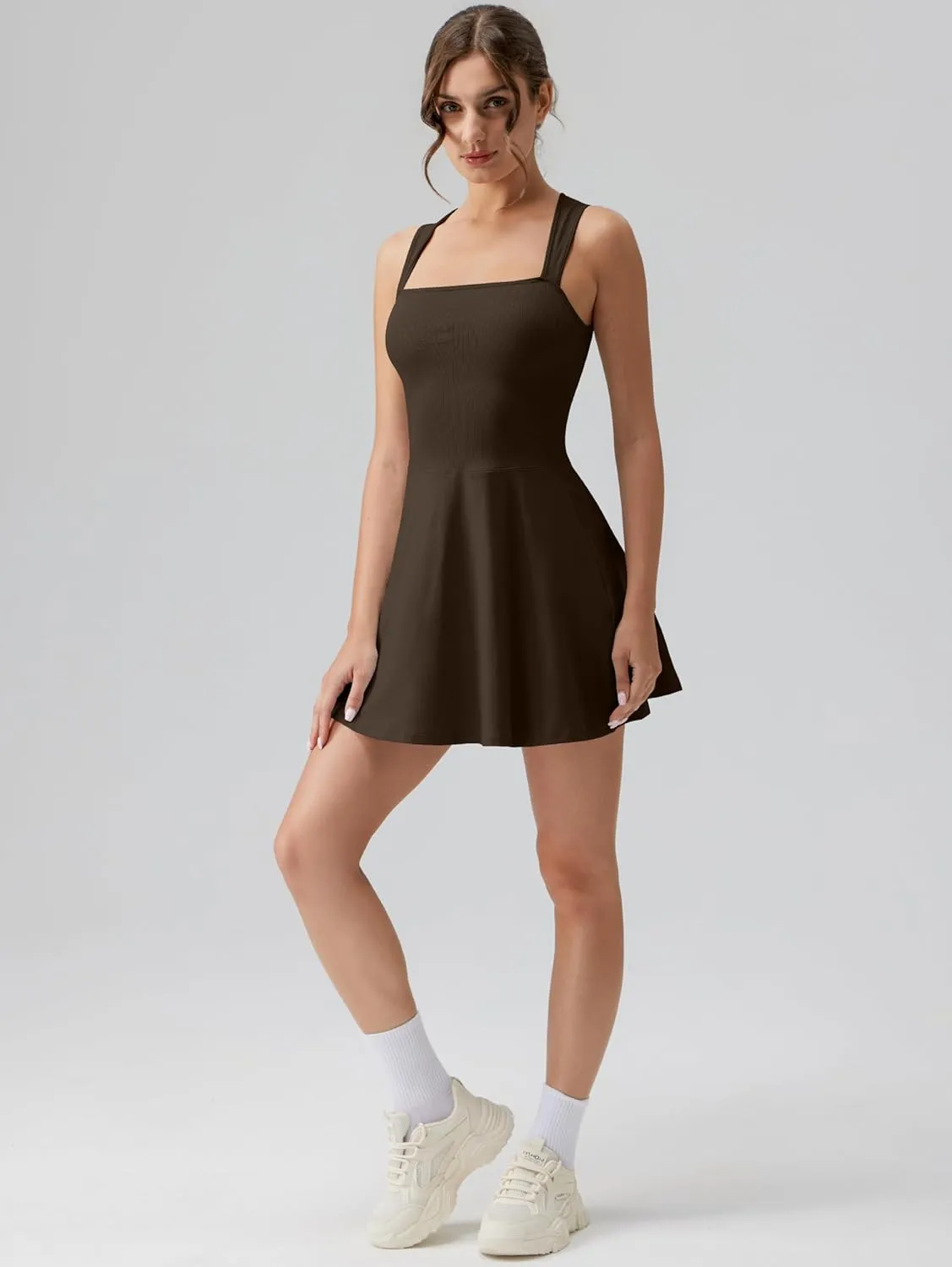 OQQ Women's Square Neck A-line Dress Sleeveless Tank Top Stretch Flare Mini Dresses