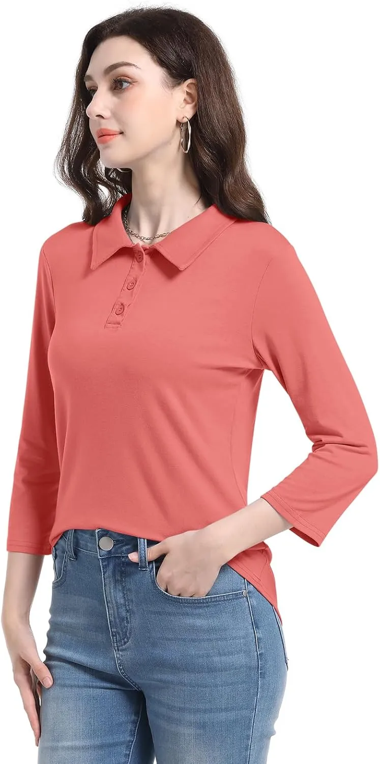 PGANDS Women's 3/4 Sleeve Polo Shirts V Neck Collared Button Basic Tops