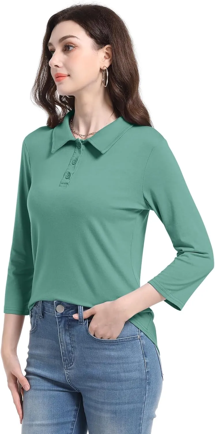 PGANDS Women's 3/4 Sleeve Polo Shirts V Neck Collared Button Basic Tops