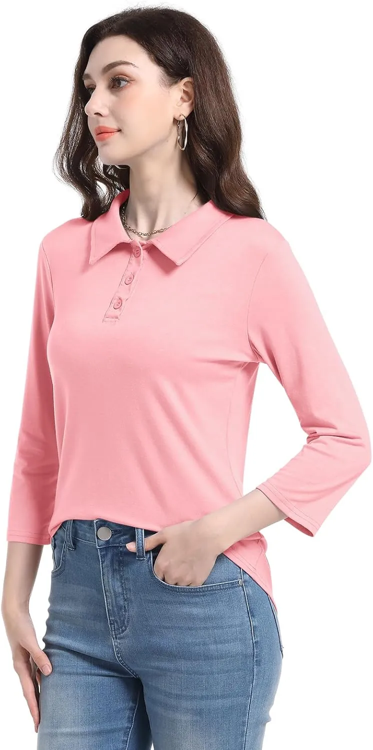 PGANDS Women's 3/4 Sleeve Polo Shirts V Neck Collared Button Basic Tops
