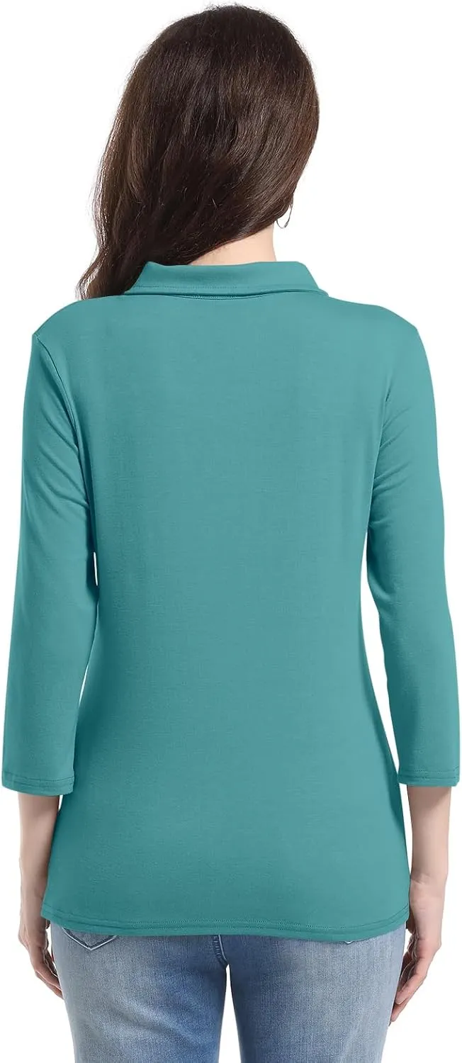 PGANDS Women's 3/4 Sleeve Polo Shirts V Neck Collared Button Basic Tops