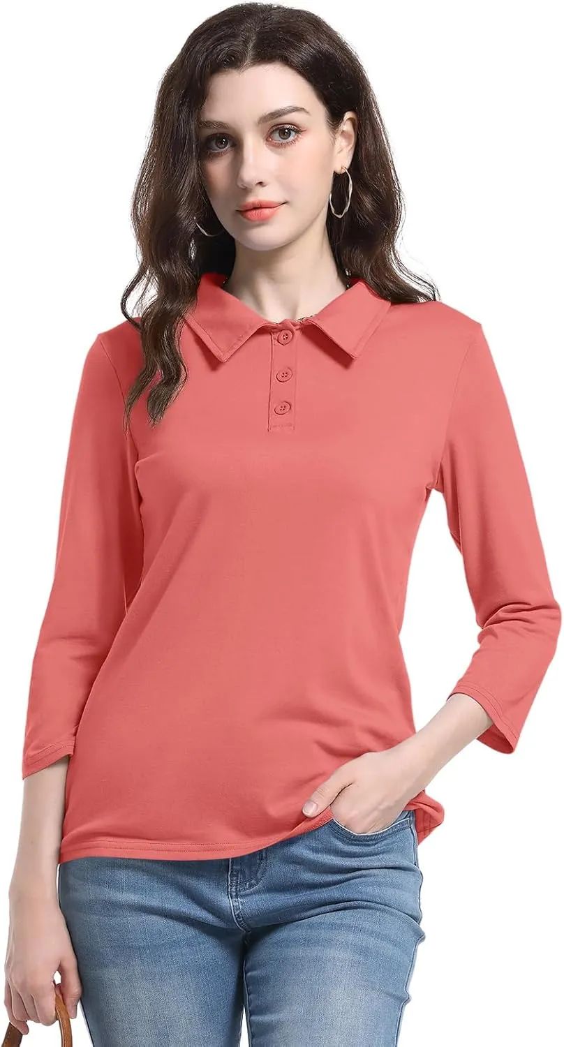 PGANDS Women's 3/4 Sleeve Polo Shirts V Neck Collared Button Basic Tops