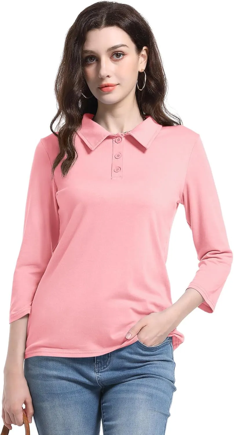 PGANDS Women's 3/4 Sleeve Polo Shirts V Neck Collared Button Basic Tops