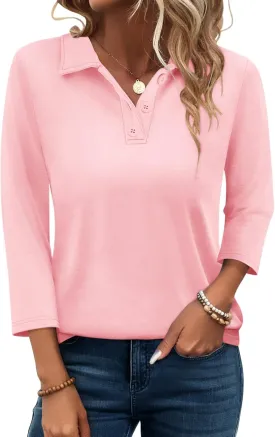 PGANDS Women's 3/4 Sleeve Polo Shirts V Neck Collared Button Basic Tops