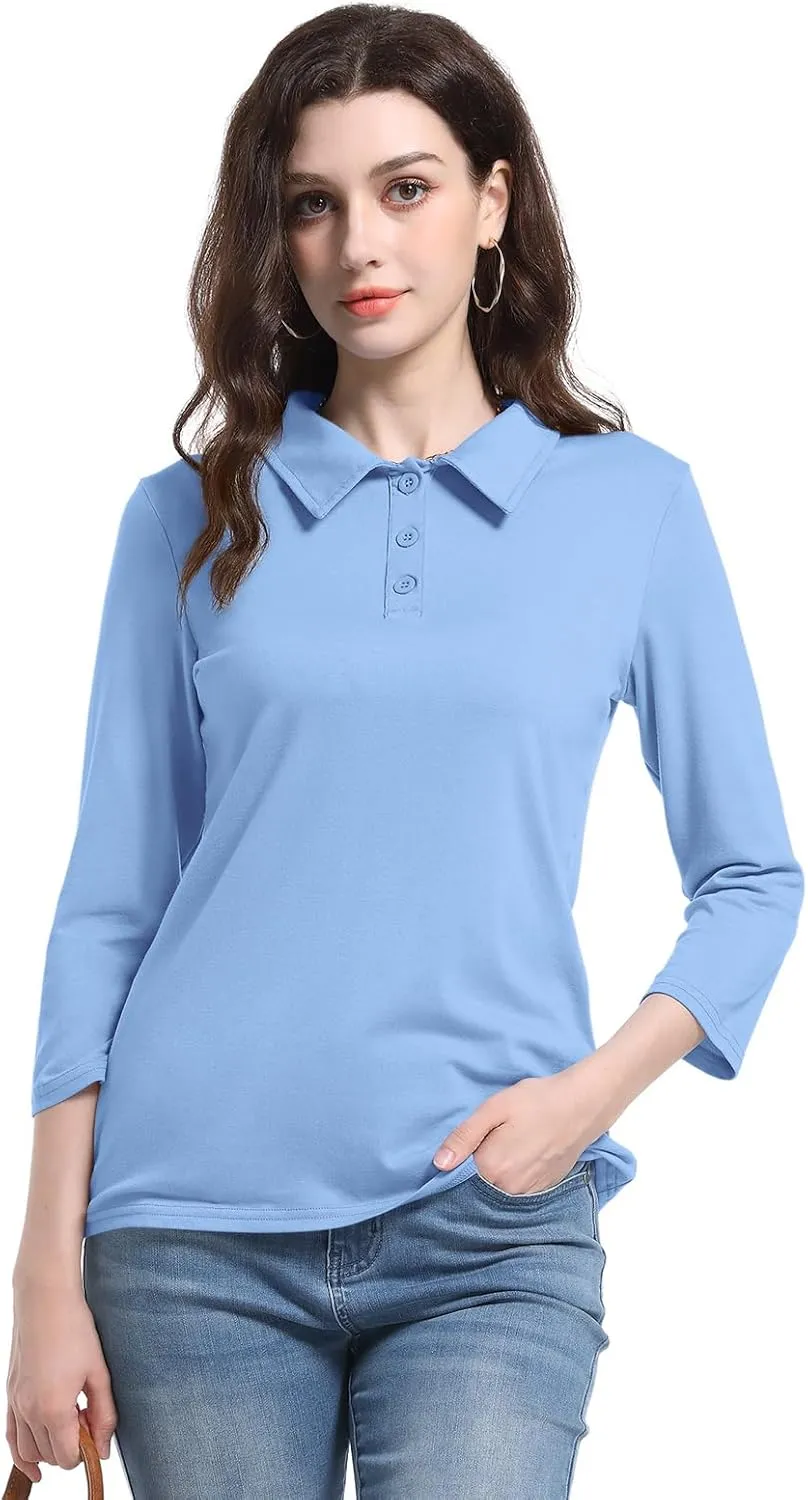 PGANDS Women's 3/4 Sleeve Polo Shirts V Neck Collared Button Basic Tops