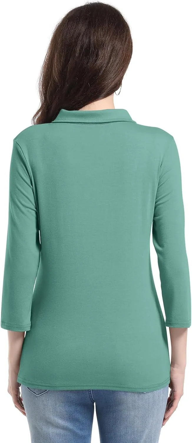 PGANDS Women's 3/4 Sleeve Polo Shirts V Neck Collared Button Basic Tops