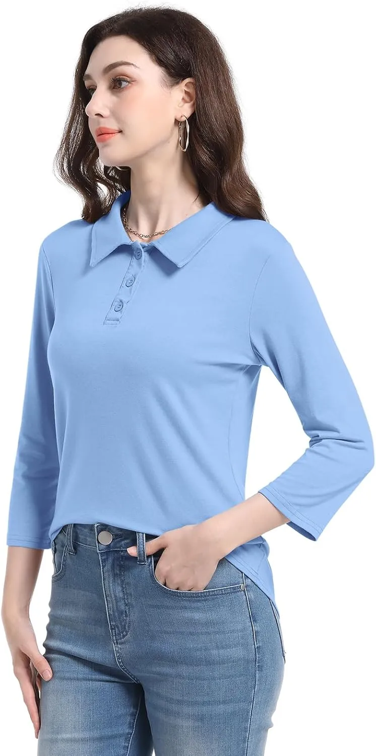 PGANDS Women's 3/4 Sleeve Polo Shirts V Neck Collared Button Basic Tops