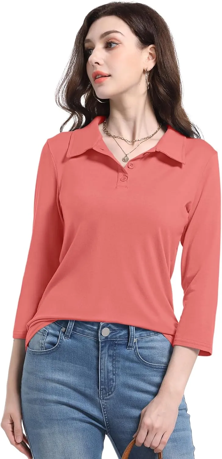 PGANDS Women's 3/4 Sleeve Polo Shirts V Neck Collared Button Basic Tops
