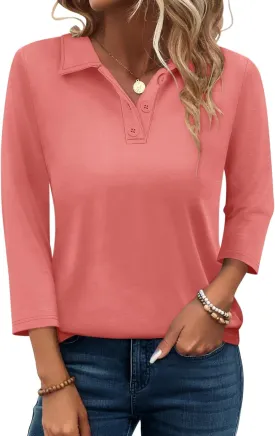PGANDS Women's 3/4 Sleeve Polo Shirts V Neck Collared Button Basic Tops