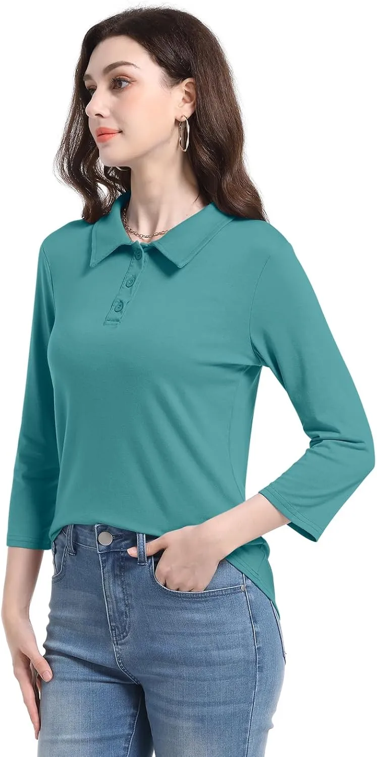 PGANDS Women's 3/4 Sleeve Polo Shirts V Neck Collared Button Basic Tops