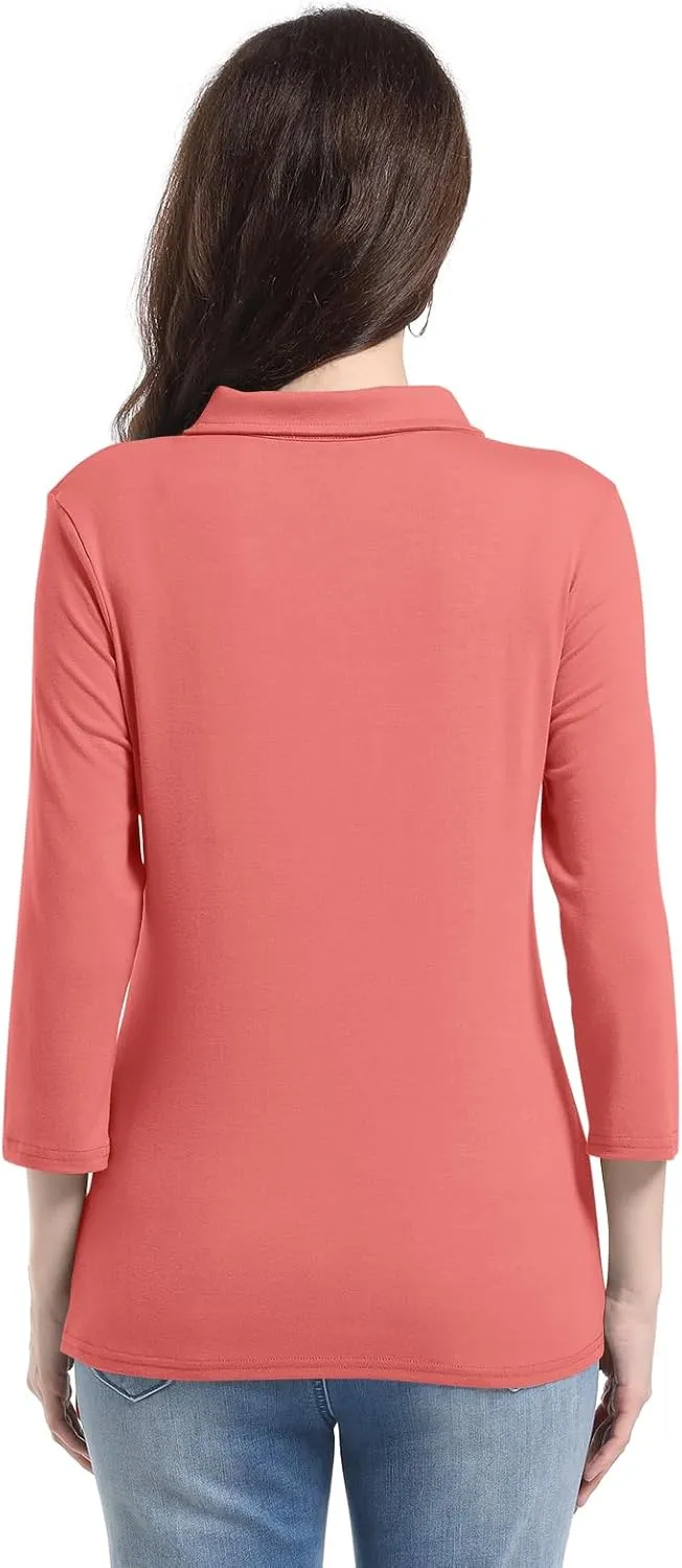 PGANDS Women's 3/4 Sleeve Polo Shirts V Neck Collared Button Basic Tops