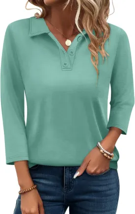 PGANDS Women's 3/4 Sleeve Polo Shirts V Neck Collared Button Basic Tops