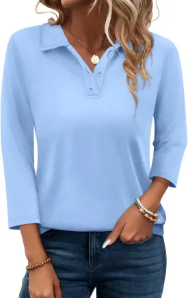 PGANDS Women's 3/4 Sleeve Polo Shirts V Neck Collared Button Basic Tops