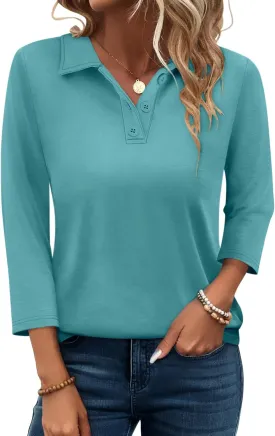 PGANDS Women's 3/4 Sleeve Polo Shirts V Neck Collared Button Basic Tops
