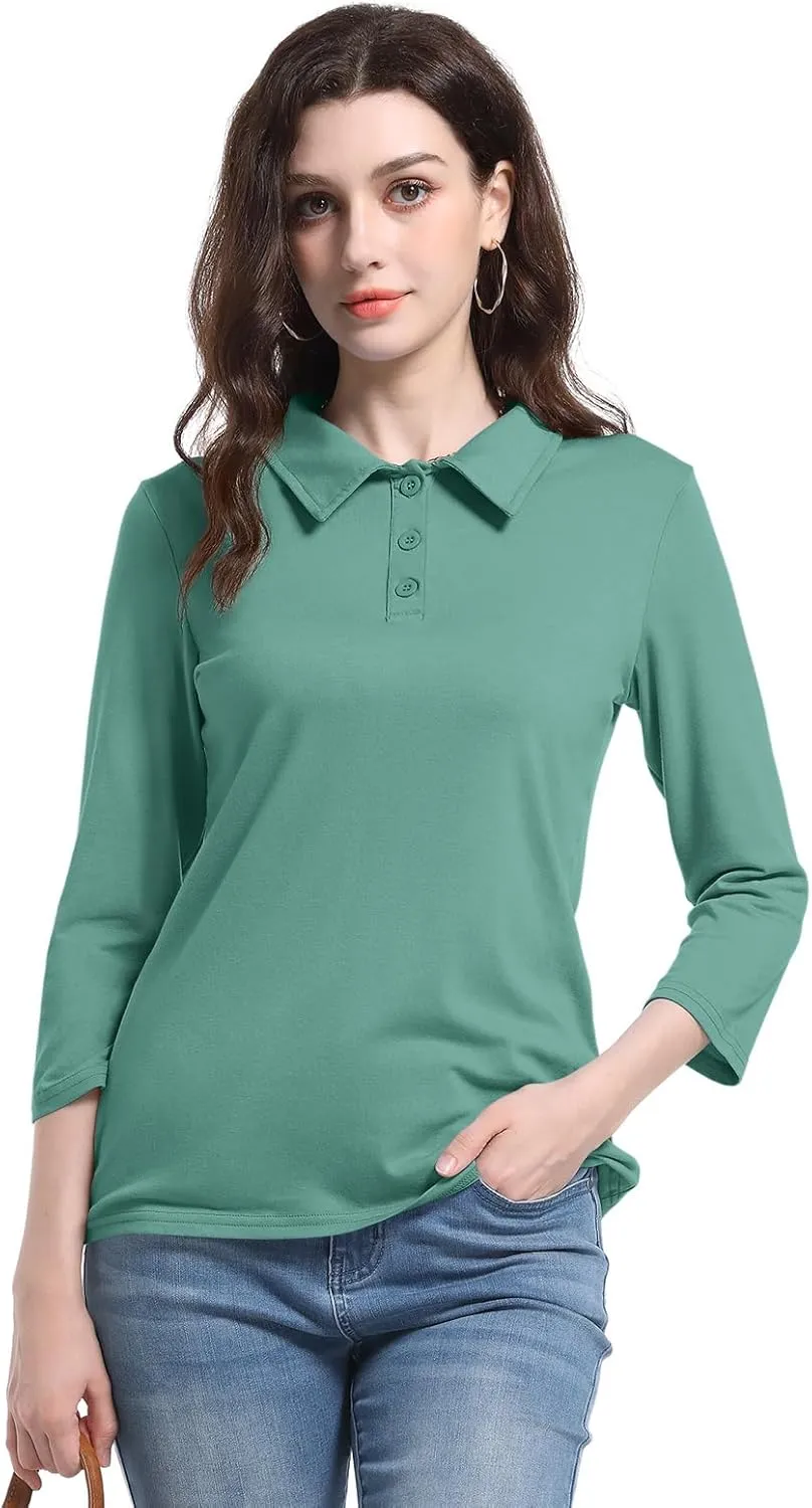 PGANDS Women's 3/4 Sleeve Polo Shirts V Neck Collared Button Basic Tops