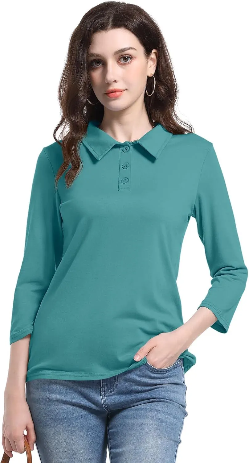 PGANDS Women's 3/4 Sleeve Polo Shirts V Neck Collared Button Basic Tops