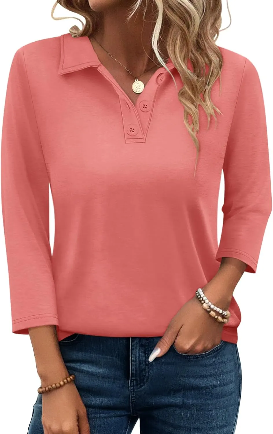 PGANDS Women's 3/4 Sleeve Polo Shirts V Neck Collared Button Basic Tops