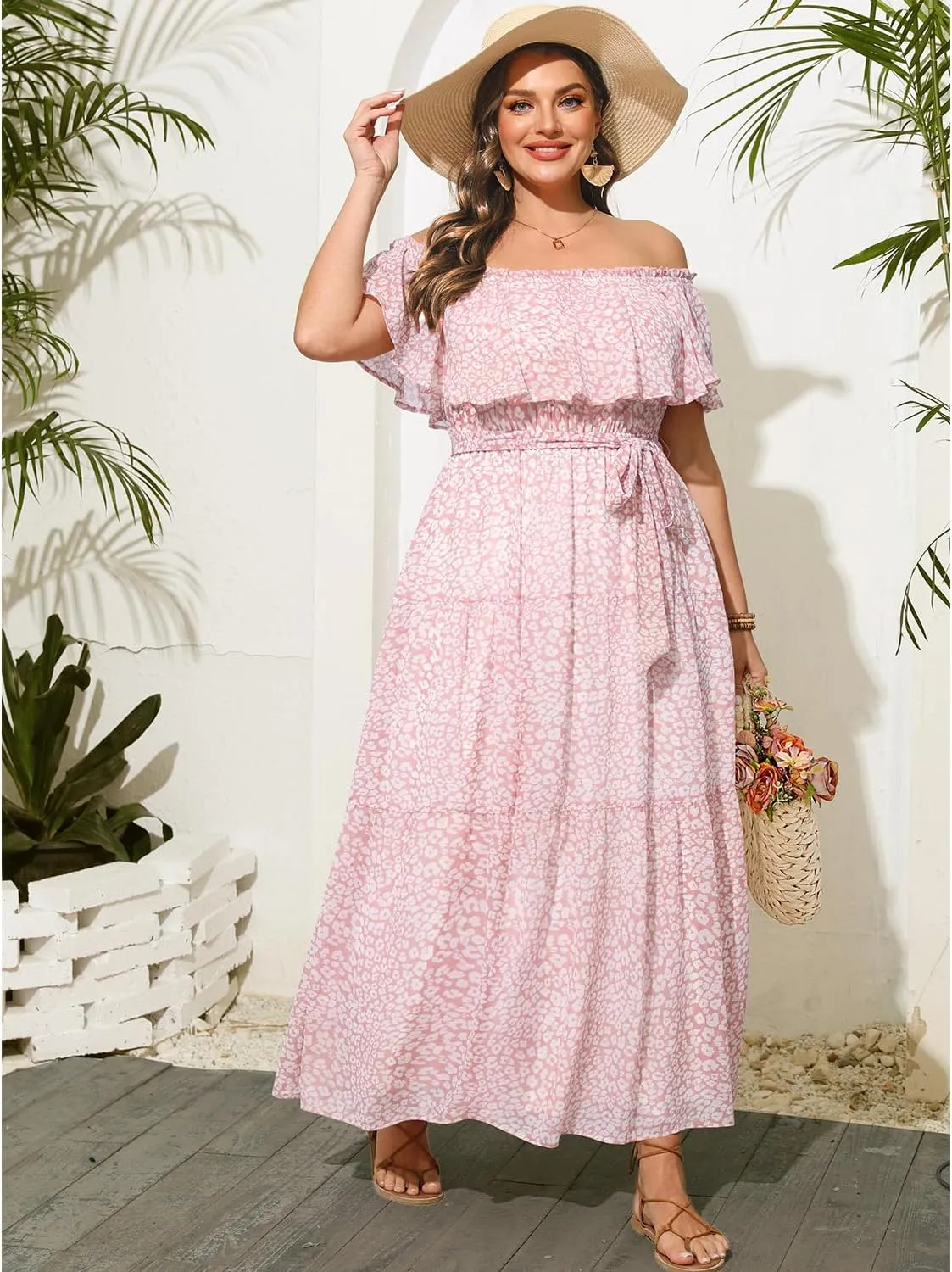 Plus Size Chiffon Off The Shoulder Maxi Long Floral Summer Casual Beach Boho Sundress Women 2024