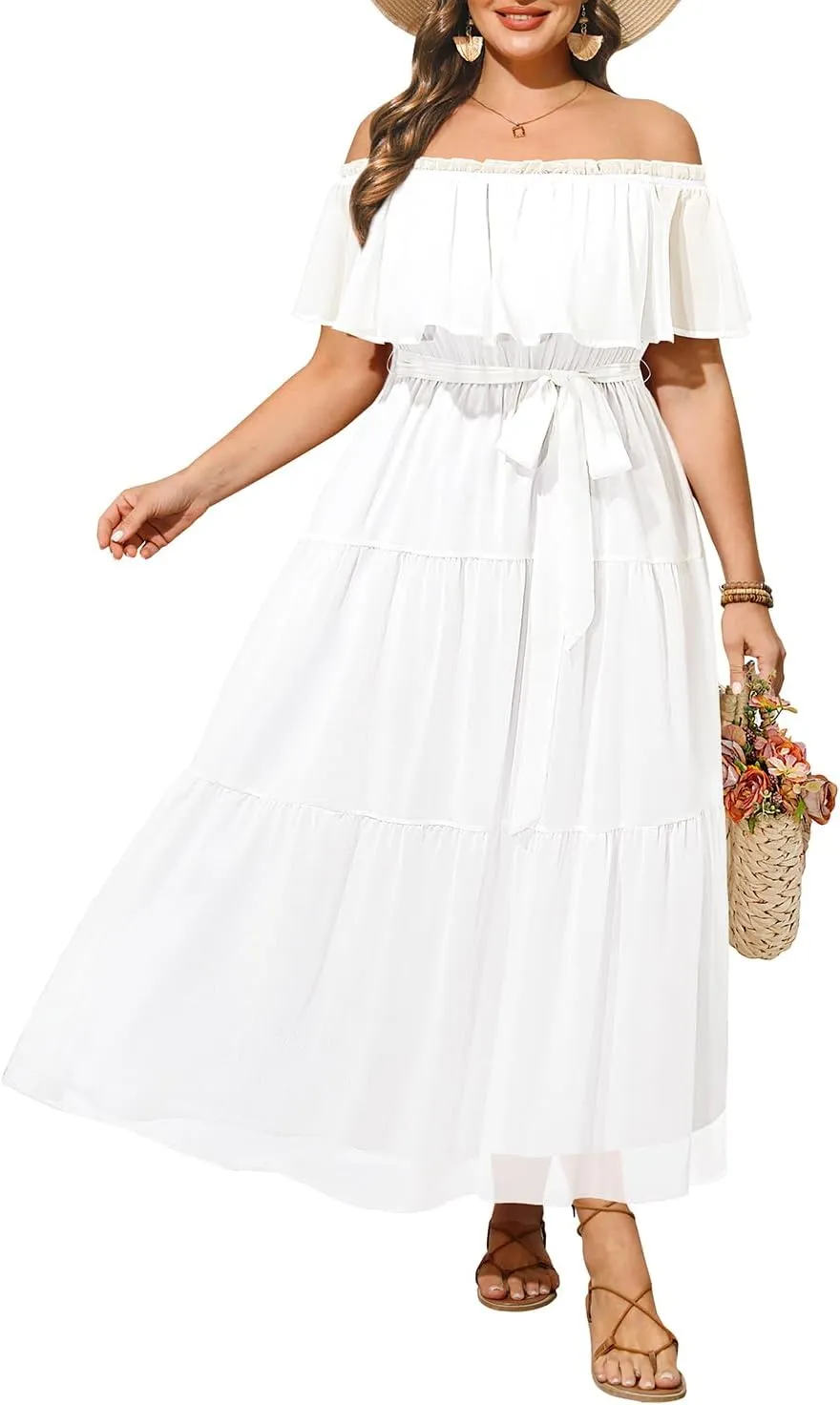 Plus Size Chiffon Off The Shoulder Maxi Long Floral Summer Casual Beach Boho Sundress Women 2024