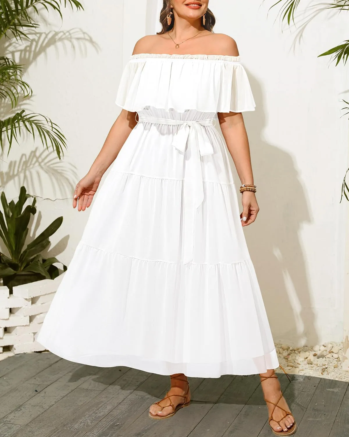 Plus Size Chiffon Off The Shoulder Maxi Long Floral Summer Casual Beach Boho Sundress Women 2024