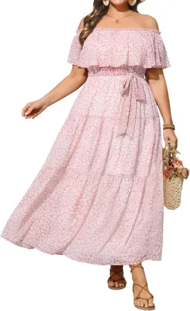Plus Size Chiffon Off The Shoulder Maxi Long Floral Summer Casual Beach Boho Sundress Women 2024