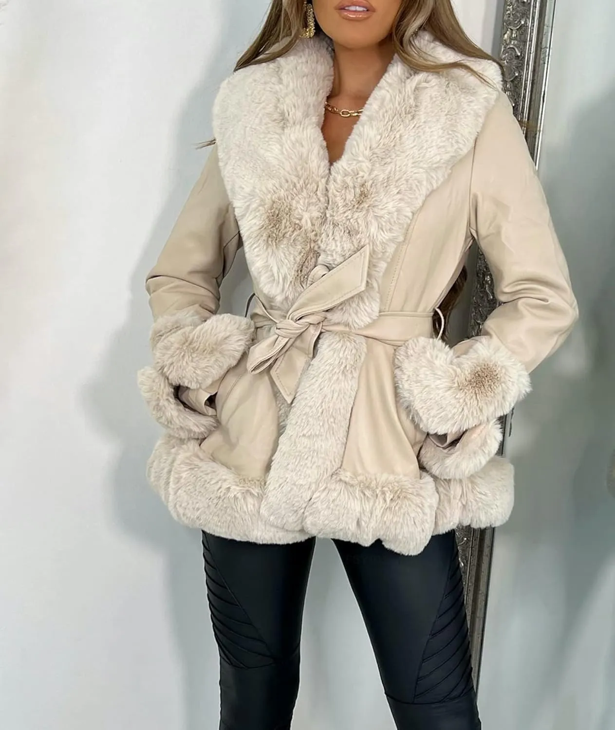 Sexyshine Women's Faux Shearing Jackets Fur Collar Fleece Sherpa-Lined Parka Coat Winter Moto Leather Outerwear with Belt