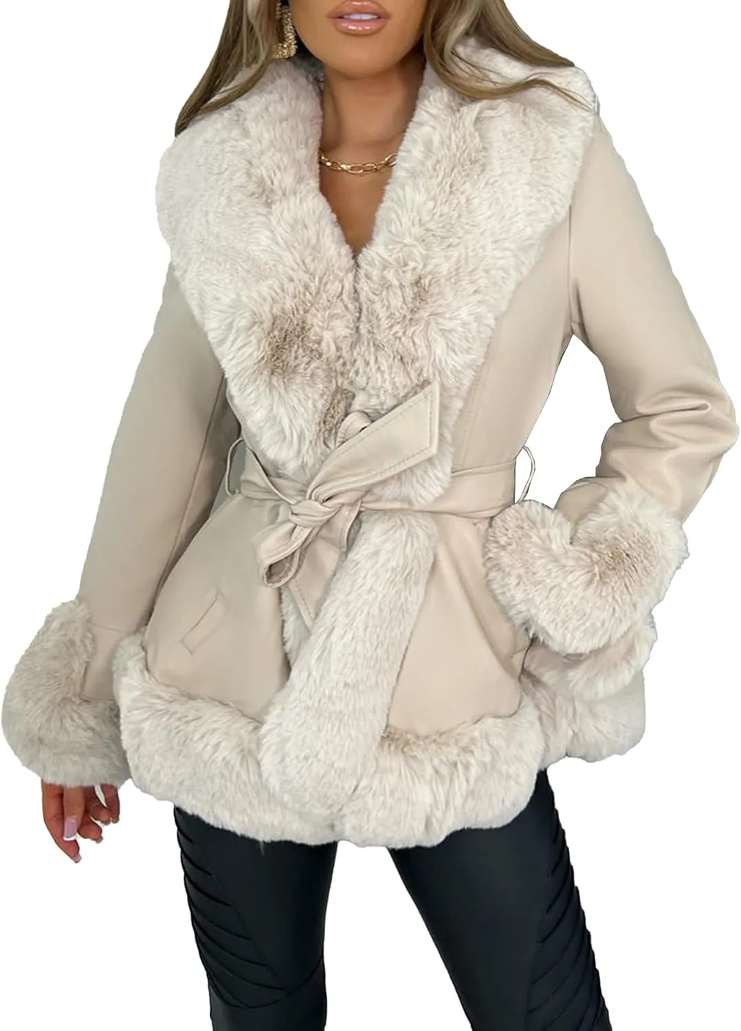 Sexyshine Women's Faux Shearing Jackets Fur Collar Fleece Sherpa-Lined Parka Coat Winter Moto Leather Outerwear with Belt