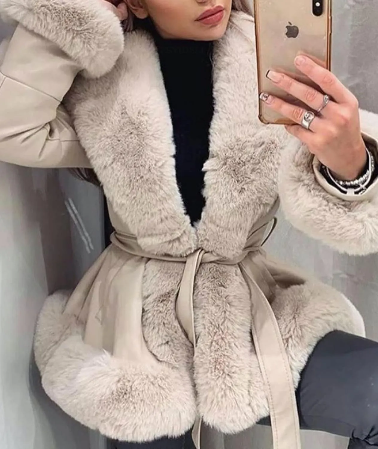 Sexyshine Women's Faux Shearing Jackets Fur Collar Fleece Sherpa-Lined Parka Coat Winter Moto Leather Outerwear with Belt