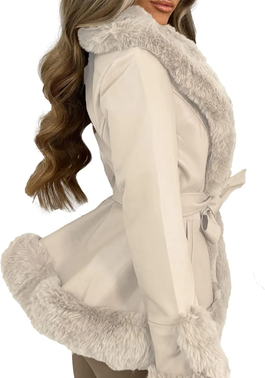 Sexyshine Women's Faux Shearing Jackets Fur Collar Fleece Sherpa-Lined Parka Coat Winter Moto Leather Outerwear with Belt