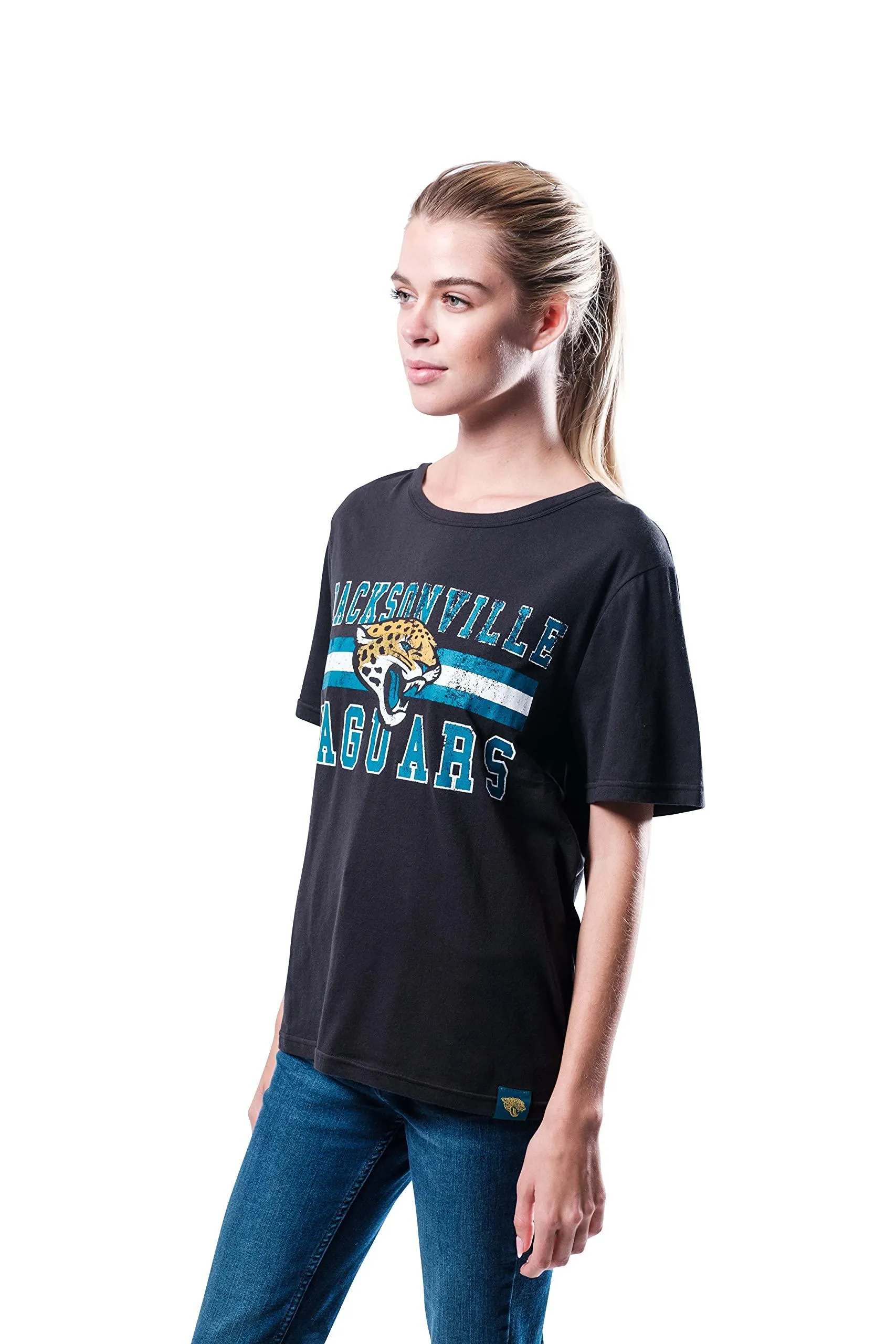 Ultra Game NFL Official Women's Distressed Graphics Super Soft Crew Neck T-Shirt, Jacksonville Jaguars, Team Color|Jacksonville Jaguars